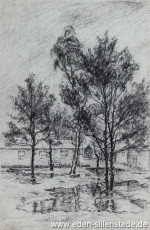 Lager, Bäume im Lager, 1945, 15x22,5 cm, Kohle auf Papier, Nachlass Arthur Eden (WV-Nr. 456)