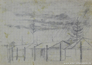 Lager, Baracken, 1945, 15x10 cm, Bleistift auf Papier, Nachlass Arthur Eden (WV-Nr. 436)