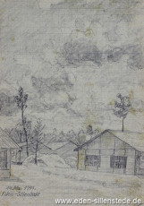 Lager, Baracken im Lager, 1945, 10,4x14,8 cm, Bleistift auf Papier, Nachlass Arthur Eden (WV-Nr. 365)
