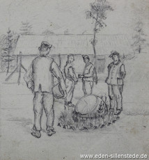 Lager, Bei der Sonnenuhr, 1945, 10x10,6 cm, Bleistift auf Papier, Nachlass Arthur Eden (WV-Nr. 379)