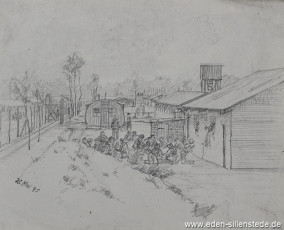 Lager, Beschäftigung im Lager, 1945, 20x16,5 cm, Bleistift auf Papier, Nachlass Arthur Eden (WV-Nr. 384)