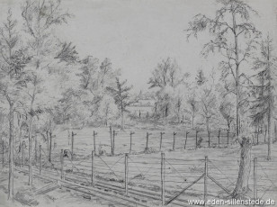 Lager, Der einzige Blick nach Zedelgem, 1945, 27,5x20,5 cm, Bleistift auf Papier, Nachlass Arthur Eden (WV-Nr. 377)