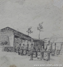 Lager, Die Öfen im Lager, 1945, 10x10,6 cm, Bleistift auf Papier, Nachlass Arthur Eden (WV-Nr. 386)