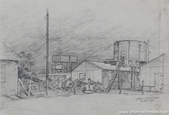 Lager, Essen im Lager, 1945, 29,5x20,5 cm, Bleistift auf Papier, Nachlass Arthur Eden (WV-Nr. 383)