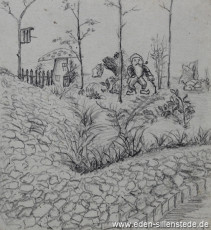 Lager, Gartenzwerg, 1945, 10x13,5 cm, Bleistift auf Papier, Nachlass Arthur Eden (WV-Nr. 403)