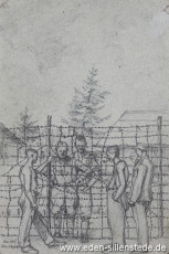 Lager, Gefangene am Zaun, 1945, 15x23 cm, Bleistift auf Papier, Nachlass Arthur Eden (WV-Nr. 429)