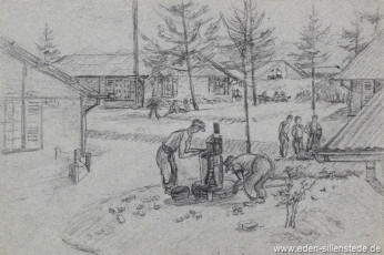 Lager, Gefangene bei der Arbeit, 1945, 22,5x15 cm, Bleistift auf Papier, Nachlass Arthur Eden (WV-Nr. 375)