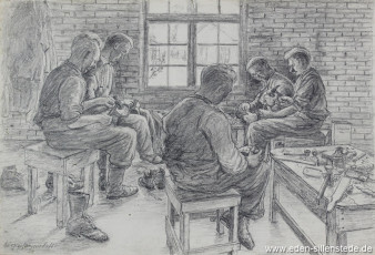 Lager, Gefangene bei der Arbeit, 1945, 30x20 cm, Bleistift auf Papier, Nachlass Arthur Eden (WV-Nr. 361)