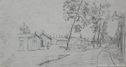 Lager, Gleise am Lager, 1945, 20x10,7 cm, Bleistift auf Papier, Nachlass Arthur Eden (WV-Nr. 442)