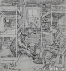 Lager, In der Unterkunft, 1945, 10x10,6 cm, Bleistift auf Papier, Nachlass Arthur Eden (WV-Nr. 387)