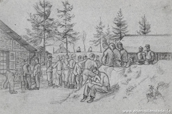 Lager, Lageralltag, 1945, 22,5x15 cm, Bleistift auf Papier, Nachlass Arthur Eden (WV-Nr. 447)