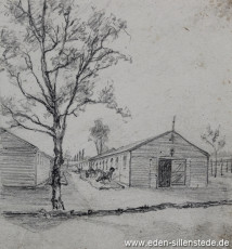 Lager, Lageransicht, 1945, 10x10,7 cm, Bleistift auf Papier, Nachlass Arthur Eden (WV-Nr. 408)