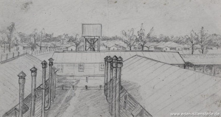 Lager, Lageransicht, 1945, 20x10,6 cm, Bleistift auf Papier, Nachlass Arthur Eden (WV-Nr. 378)