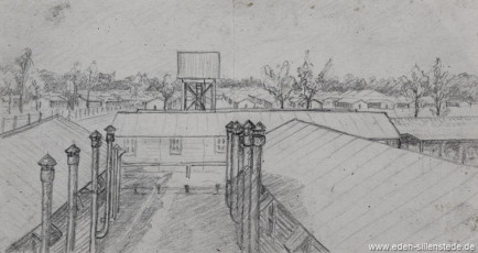 Lager, Lageransicht, 1945, 20x10,6 cm, Bleistift auf Papier, Nachlass Arthur Eden (WV-Nr. 378)