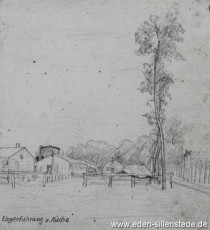 Lager, Lagerführung und Küche, 1945, 10x10,5 cm, Bleistift auf Papier, Nachlass Arthur Eden (WV-Nr. 431)