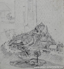 Lager, Miniaturdorf im Garten, 1945, 10x10,8 cm, Bleistift auf Papier, Nachlass Arthur Eden (WV-Nr. 369)
