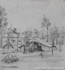 Lager, Zelt der Lagerältesten, 1945, 10x11 cm, Bleistift auf Papier, Nachlass Arthur Eden (WV-Nr. 395)