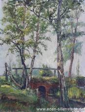 Moorhausen, Porgbrügge, um 1960, 54,5x71,6 cm, Öl auf Leinwand, Privatbesitz (WV-Nr. 1136)