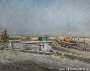 Neßmersiel, Am Wasser, 1967, 65x50,5 cm, Öl auf Leinwand, Nachlass Arthur Eden (WV-Nr. 128)