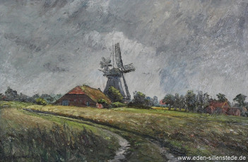 Neugarmssiel, Mühle Garms, 1960er, 67x44 cm, Öl auf Leinwand, Besitz Landkreis Friesland (WV-Nr. 631)