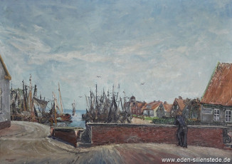 Neuharlingersiel, Blick auf den Hafen, 1958, 86x61,5 cm, Öl auf Leinwand, Privatbesitz (WV-Nr. 855)