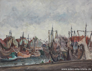 Neuharlingersiel, Hafen, 1956, 63x49cm, Öl auf Leinwand, Nachlass Arthur Eden (WV-Nr. 147)