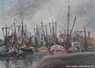 Neuharlingersiel, Hafen, 1956, 70,5x50,5 cm, Öl auf Leinwand, Privatbesitz (WV-Nr. 1494)