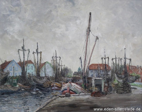 Neuharlingersiel, Hafen, 1956, 76,5x60 cm, Öl auf Leinwand, Privatbesitz (WV-Nr. 887)