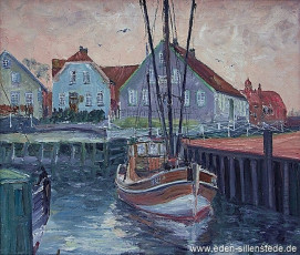 Neuharlingersiel, Hafen, 1958, 60x52 cm, Öl auf Leinwand, Privatbesitz (WV-Nr. 1033)