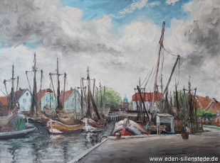 Neuharlingersiel, Hafen, 1958, 80x60 cm, Öl auf Leinwand, Besitz Sielhafenmuseum Carolinensiel (WV-Nr. 1019)