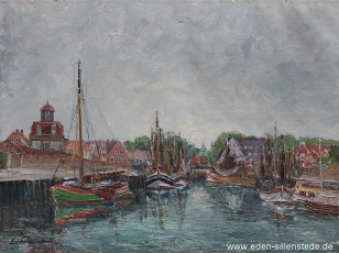 Neuharlingersiel, Hafen, 1960er, 70,2x52,2 cm, Öl auf Leinwand, Privatbesitz (WV- Nr. 994)