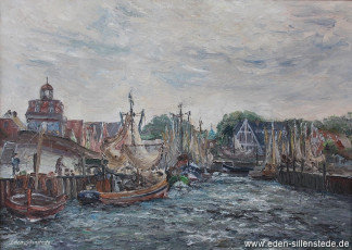 Neuharlingersiel, Hafen, 1960er, 70x50 cm, Öl auf Leinwand, Privatbesitz (WV-Nr. 1132)