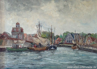 Neuharlingersiel, Hafen, 1960er, 70x50,5 cm, Öl auf Leinwand, Privatbesitz (WV-Nr. 1037)