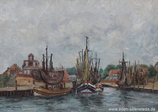 Neuharlingersiel, Hafen, um 1960, 73x52 cm, Öl auf Leinwand, Privatbesitz (WV-Nr. 1240)