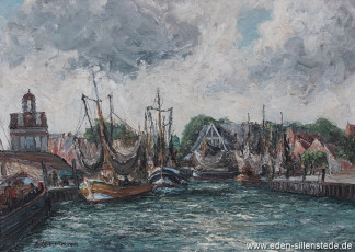 Neuharlingersiel, Hafen, um 1965, 70,5x50,5 cm, Öl auf Leinwand, Privatbesitz (WV-Nr. 704)