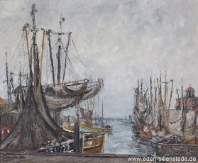 Neuharlingersiel, Kutter im Hafen, um 1966, 66,5x54 cm, Öl auf Leinwand, Besitz Raiffeisenbank Wiesedermeer (WV-Nr. 964)