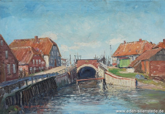 Neuharlingersiel, Sieltor, 1957, 72x49 cm, Öl auf Leinwand, Nachlass Arthur Eden (WV-Nr. 54)