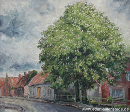 Neustadtgödens, Blick in die Bruckstraße, um 1970, 64,3x56,2 cm, Öl auf Leinwand, Privatbesitz (WV-Nr. 1322)