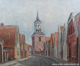 Neustadtgödens, Kirchstrasse, 1960er, 50x40 cm, Öl auf Leinwand, Besitz Schlossmuseum Jever (WV-Nr. 777)