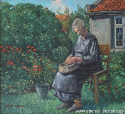 Portrait, Ida Becker beim Kartoffelschälen, 1950er, 38x34,5 cm, Öl auf Leinwand, Privatbesitz (WV-Nr. 1349)