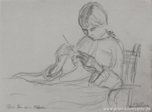 Portrait, Theda Eden beim Häkeln, 1955, 20x17 cm, Bleistiftzeichnung, Nachlass Arthur Eden (WV-Nr. 329)