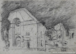 Rethel, Kirche, 1940, 21x15 cm, Kohle auf Papier, Nachlass Arthur Eden (WV-Nr. 348)