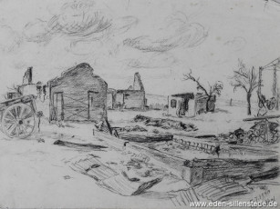 Rethel, Ruinen bei Rethel, 1940, 29,5x22 cm, Kohle auf Papier, Nachlass Arthur Eden (WV-Nr. 354)