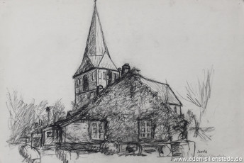 Sande, Kirche, 1950-60er, 41x27 cmm, Kohlezeichnung, Nachlass Arthur Eden (WV-Nr. 205)