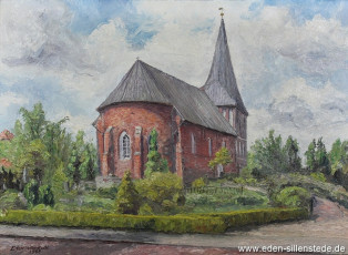 Sande, Kirche in Sande, 1968, 67,5x49 cm, Öl auf Leinwand, Besitz Schlossmuseum Jever (WV-Nr. 754)