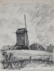 Sande, Mühle in Dykhausen, 1950er, 29,5x39,5 cm, Kohlezeichnung, Nachlass Arthur Eden (WV-Nr. 191)