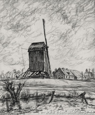 Sande, Mühle in Dykhausen, 1950er, 30,5x37,5 cm, Kohlezeichnung, Besitz Landkreis Friesland (WV-Nr. 591)