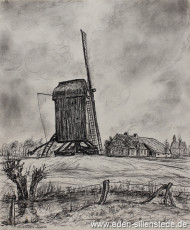 Sande, Mühle in Dykhausen, 1950er, 30x36 cm, Kohlezeichnung, Privatbesitz (WV-Nr. 1479)