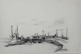Sande, Sanderbusch, Am Kanal, 1950-50er, 41x27,3 cm, Kohlezeichnung, Nachlass Arthur Eden (WV-Nr. 167)
