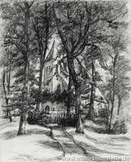 Sandel, Kirche in Sandel, 1950er, 28,5x35,5 cm, Kohlezeichnung, Besitz Landkreis Friesland (WV-Nr. 566)